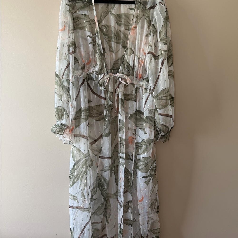 Express White Sheer Maxi Cover-Up with Olive Leaf Print
